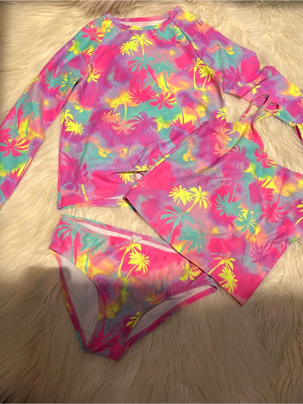 Kids Tropical Palm Pink Tankini 3-Piece Swim wear Set size:M 7/8